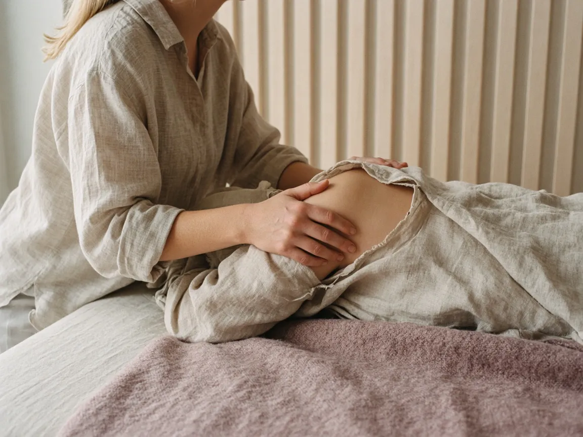 A physiotherapist in a linen shirt treating a patient's shoulder on a linen covered table