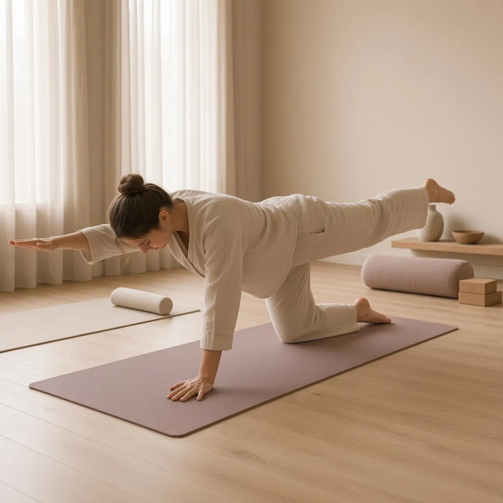 A woman on all fours reaching one arm forward and the opposite leg back