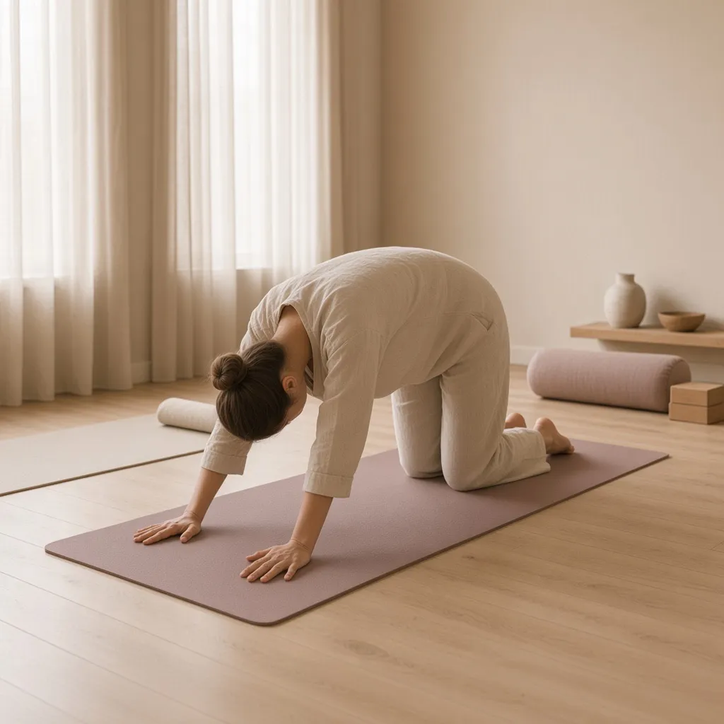 A woman on all fours on a mauve mat, rounding her back in a slow stretch