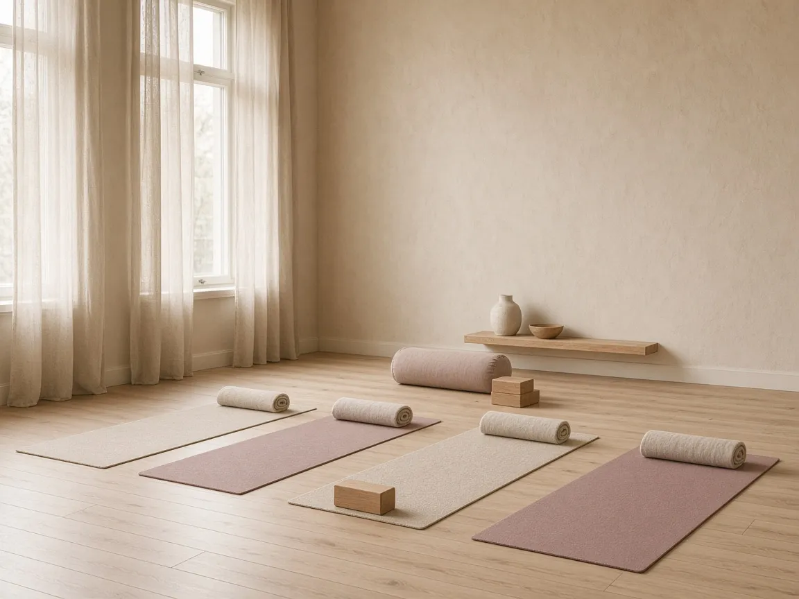 A daylit studio with linen and mauve exercise mats on a birch floor
