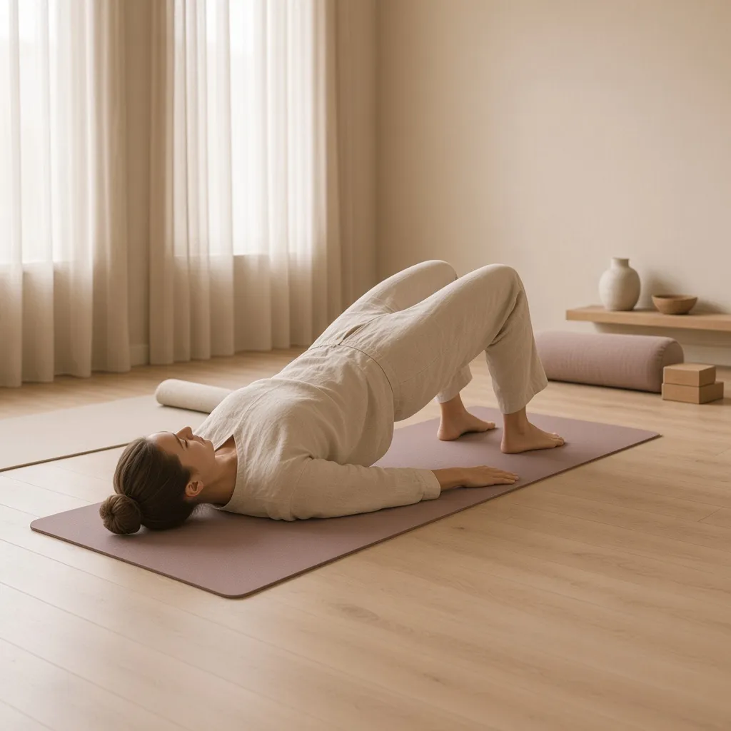 A woman lying on a mauve mat with her hips lifted in a bridge