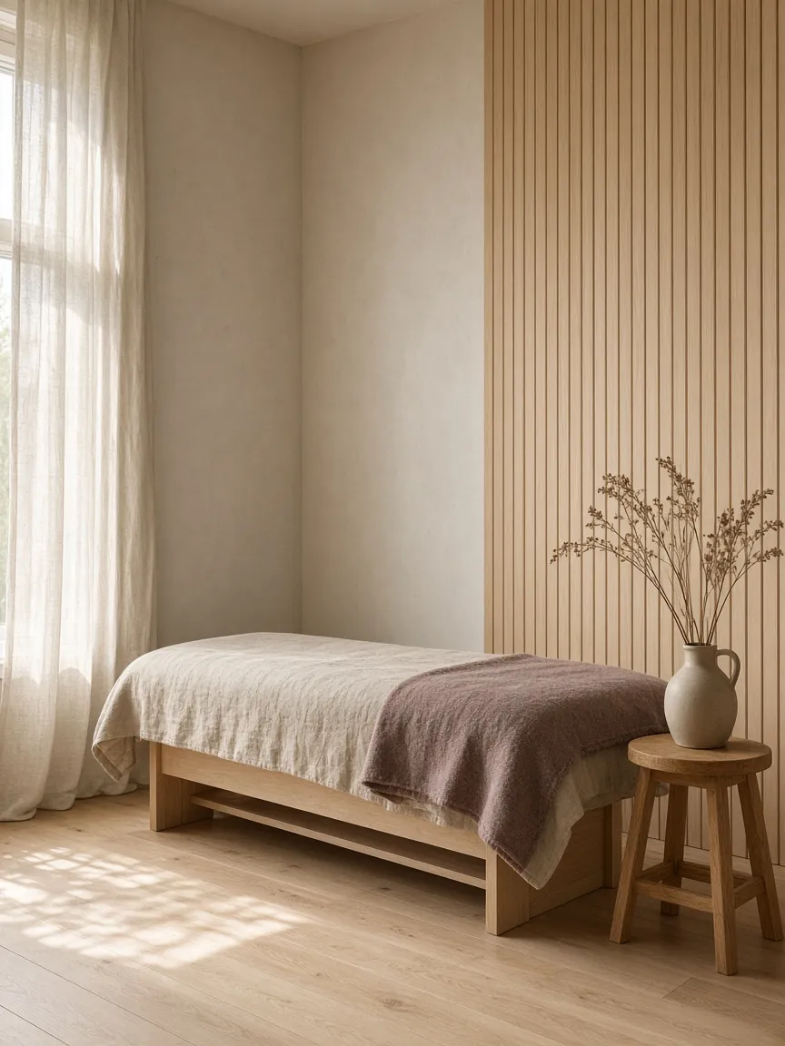 A calm treatment room with a linen covered table, birch shelves and daylight from a tall window