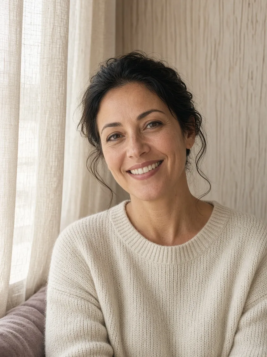 Portrait of Marta Ruiz by a window with linen curtains