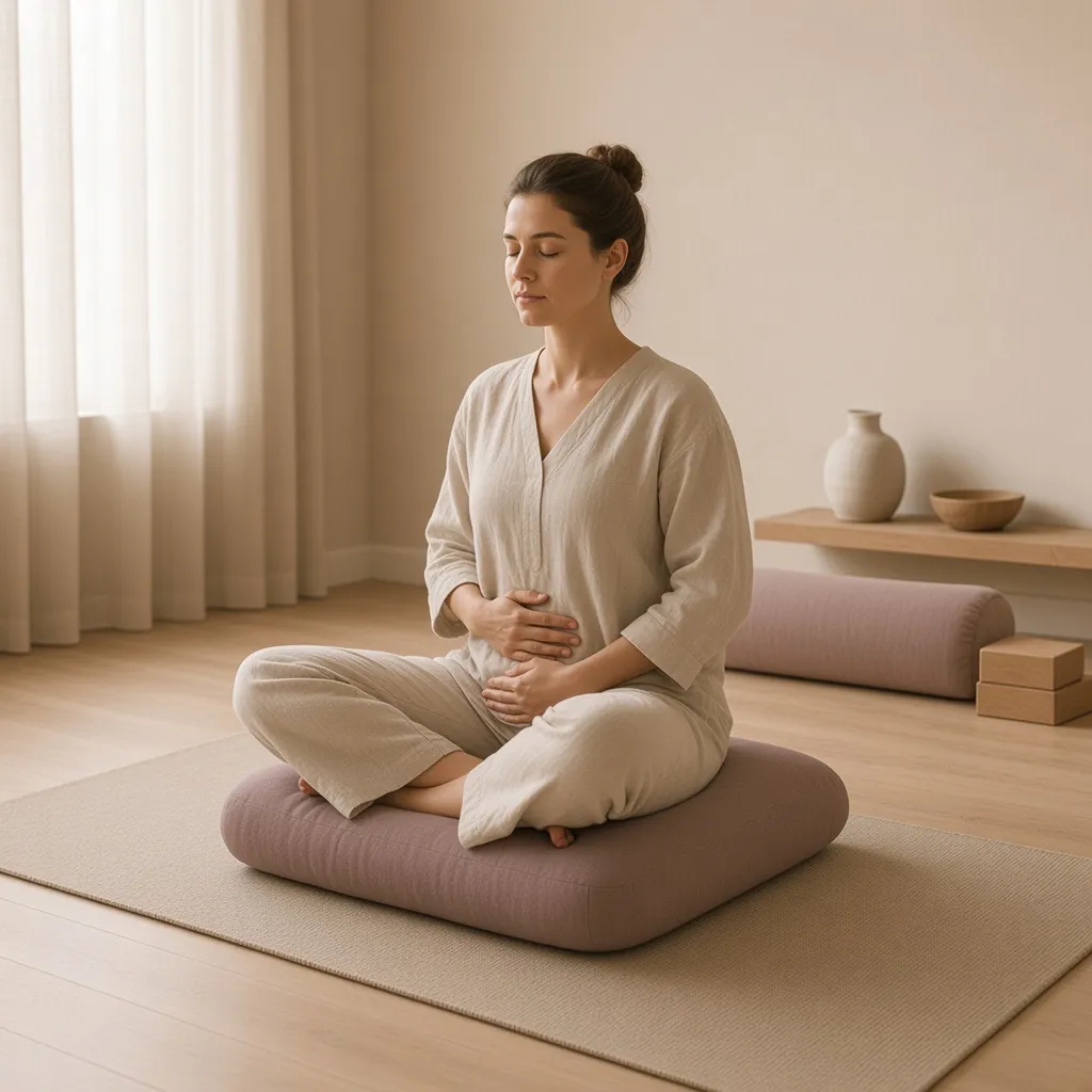 A woman sitting cross-legged on a mauve cushion with her hands on her belly