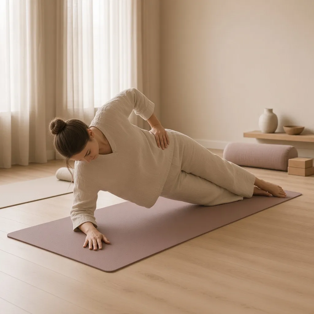A woman lifting her hips in a side plank on a mauve mat