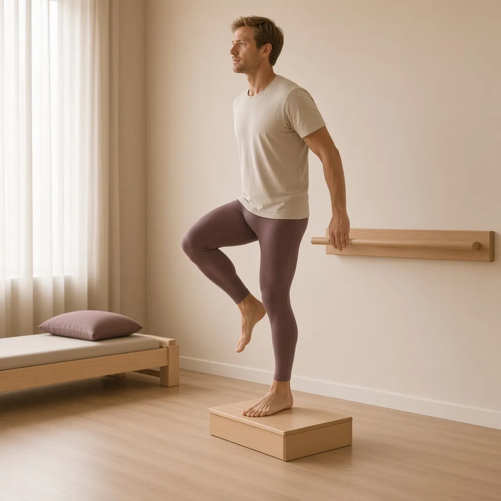 A man balancing on one foot on a birch step, holding a wall rail