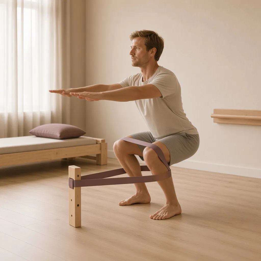 A man holding a squat with a mauve band looped behind his knees